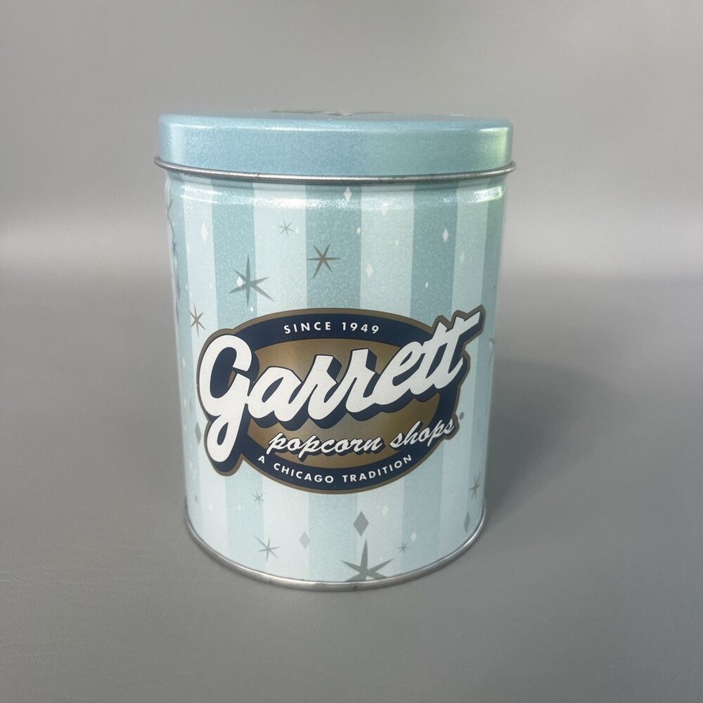 Garrett Popcorn 7" Light Blue w/stars Tin Can  Empty